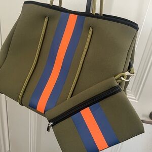 Olive Green Travel Bag Set with Orange and Blue Stripes